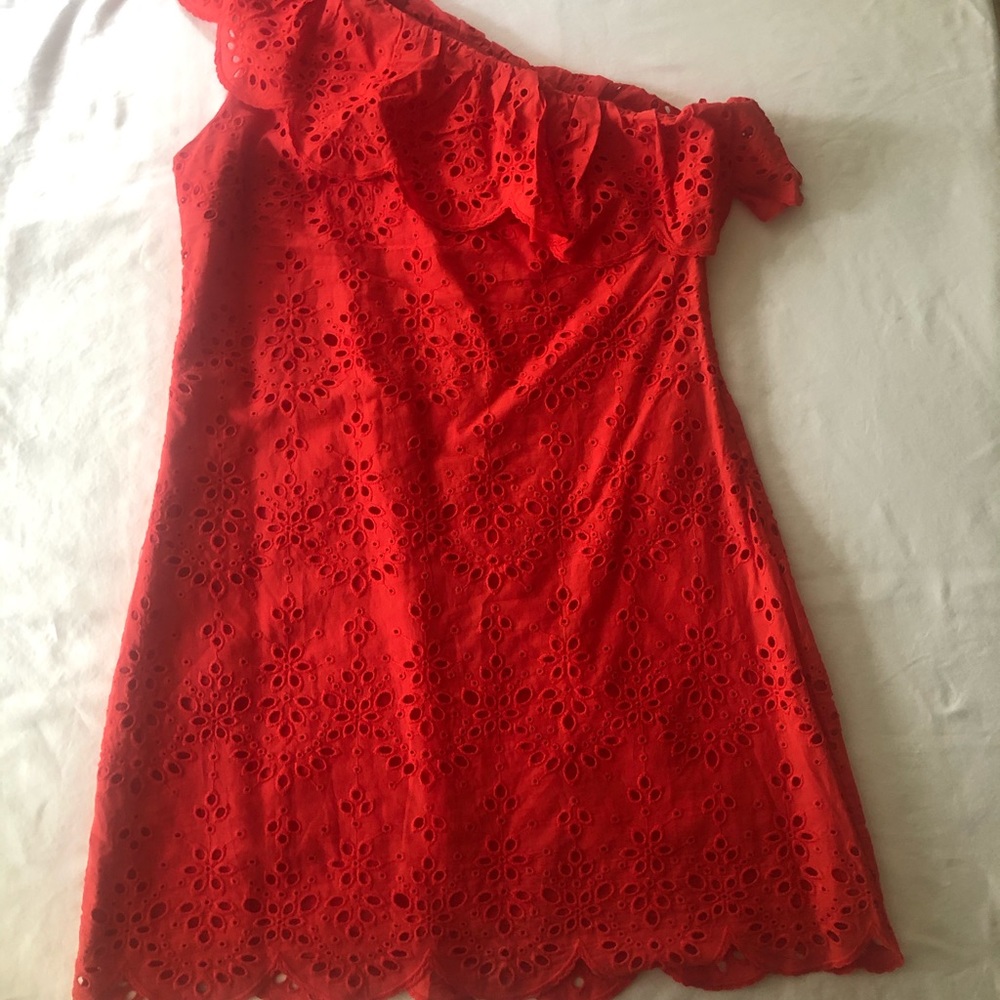 Cupcakes and Cashmere one shoulder eyelet dress
